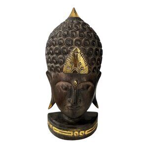 Vintage Early 2000s Hand-Carved Wooden Buddha Head Sculpture – Dark Brown & Gold